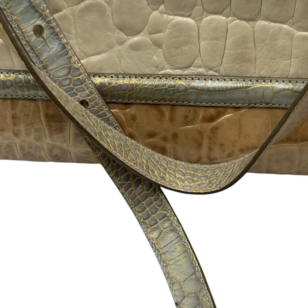 Brahmin Lucinda Tricolor Croc Embossed Leather Shoulder Bag Cream Sage Champagne